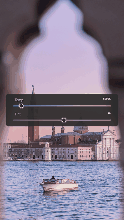 The finished reel: the edit's real Lightroom settings, one panel at a time, over the edited photo