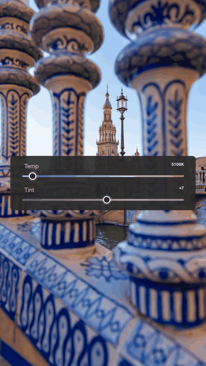 A reel of a tiled-balustrade photo, stepping through its Lightroom sliders with their exact values