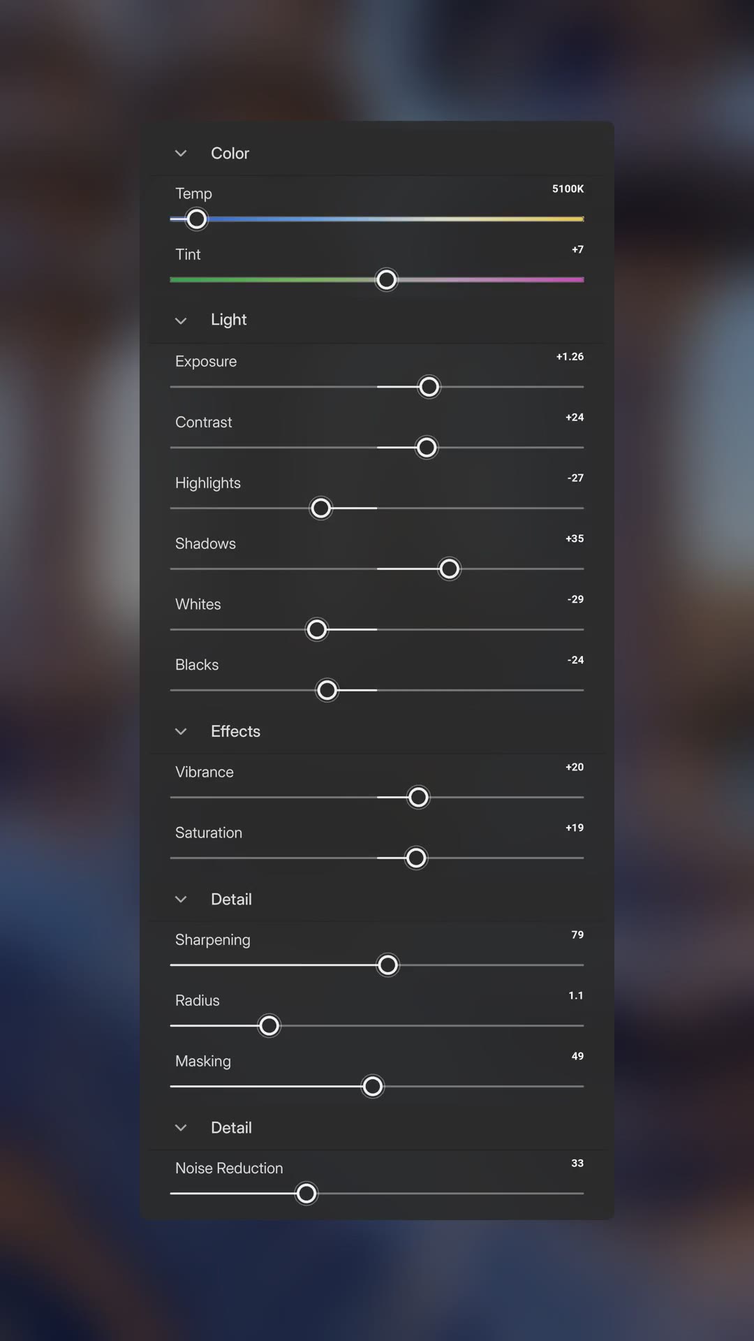 A single card listing every Lightroom setting in the edit