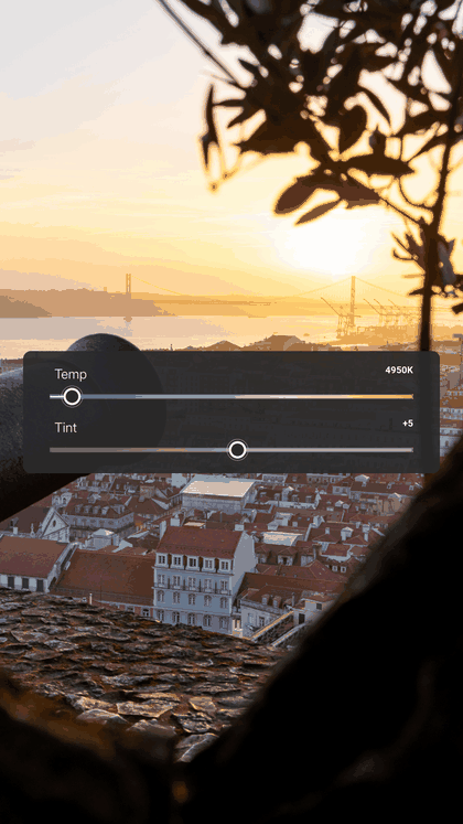 A reel stepping through the real Lightroom settings, over City rooftops at sunset from a castle wall